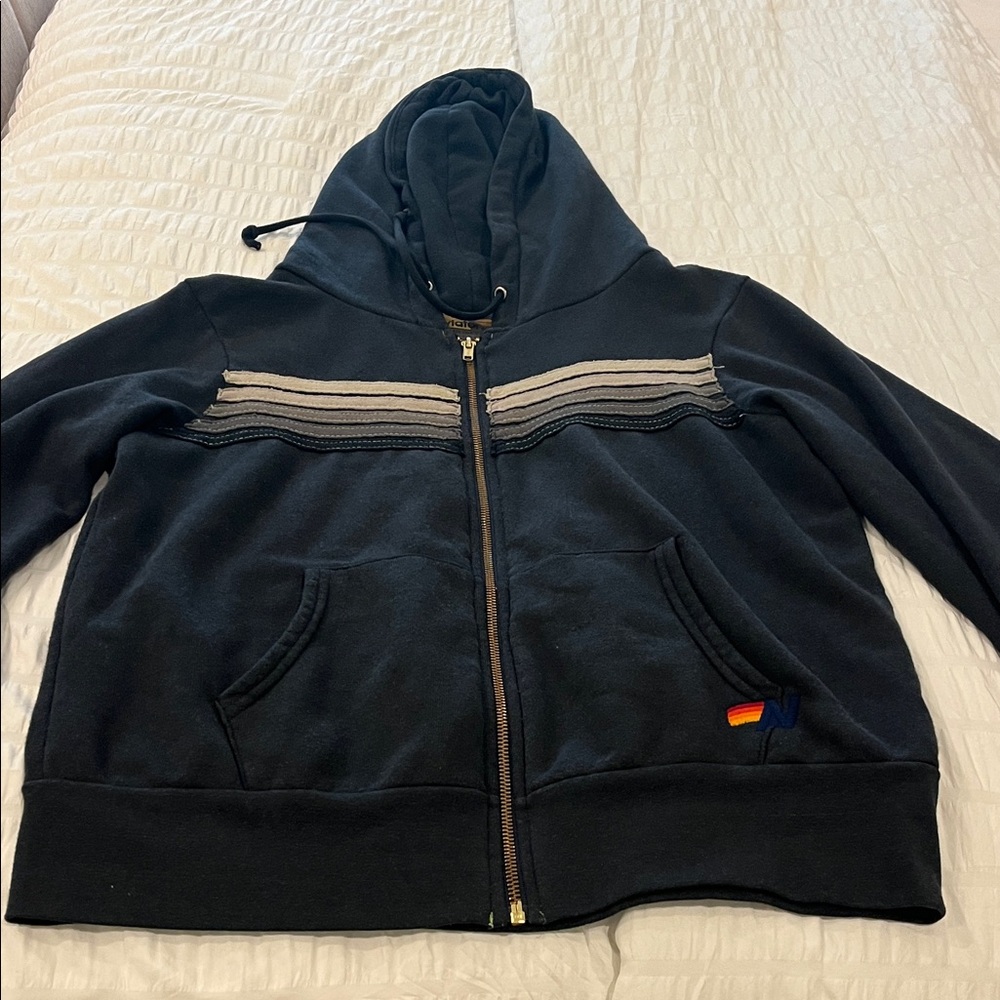 Aviator Nation Navy Blue 5 stripe Hoodie with Gray Stripes. good condition